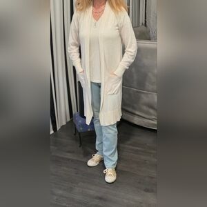 Light Beige Long Open Cardigan - Cozy Layering Piece.  Fits XS - M